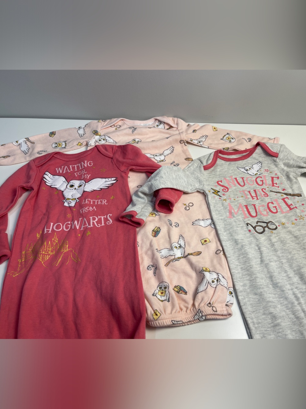 Newborn Pink & Gray Harry Owl-Themed Pajama Sleep Sacks Gowns - Set 0-6 months